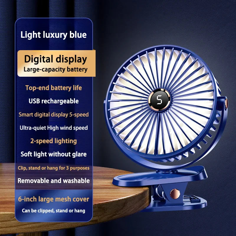 Quiet clip-on fan with LED Light-Portable & Rechargeable stay cool anywhere